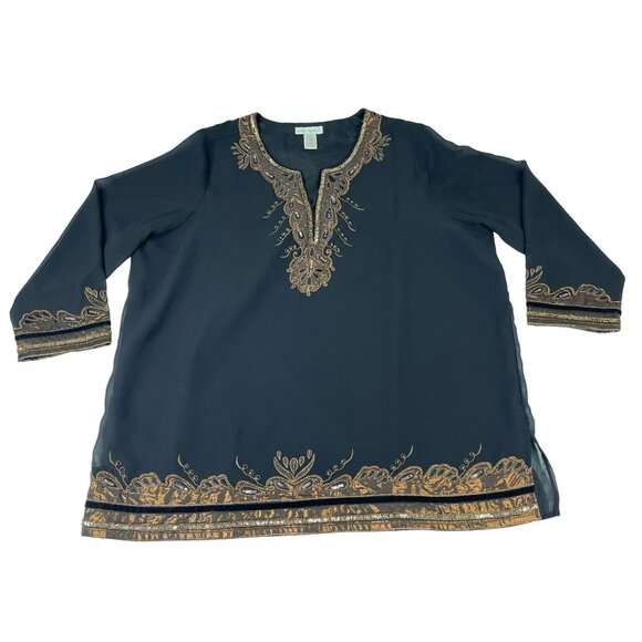 Ulla Popken Women's Relaxed Fit 3 Quarter Sleeve Blouse 20/22 Black Brown - Picture 1 of 8